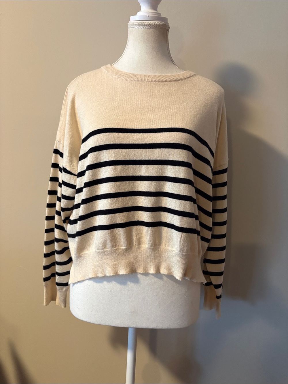 Deluc Cream and Black Polly Striped Pullover Oversized Cropped Sweater. Size M